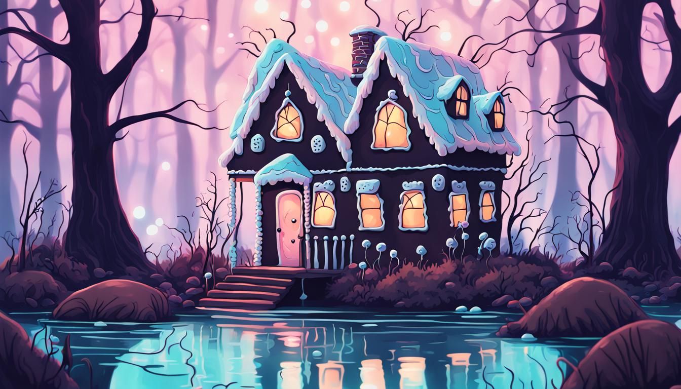 Creepy Kawaii Gingerbread House in Dark Fantasy Swamp