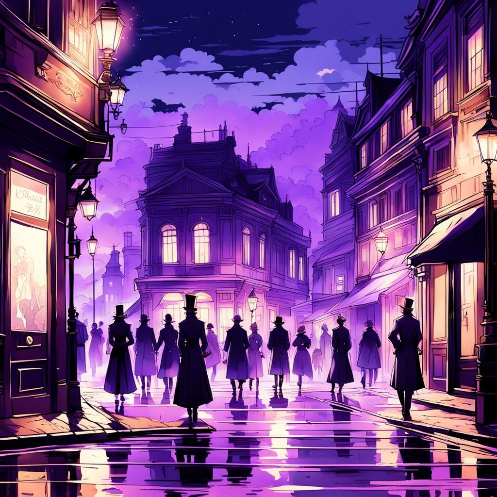Victorian City at Night with Purple Fog, Anime Style