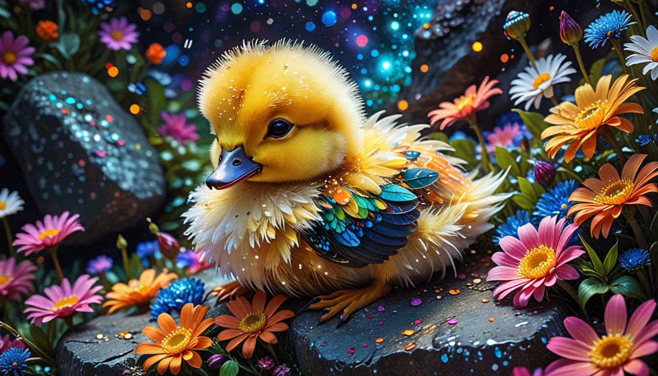 Fairy Duckling with Iridescent Feathers in Klimt Style