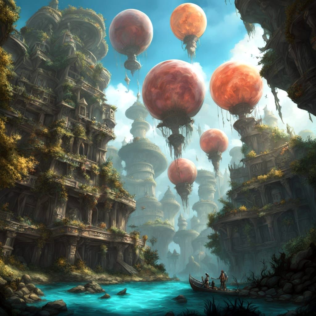 Underwater City Held Aloft by Bioluminescent Balloons