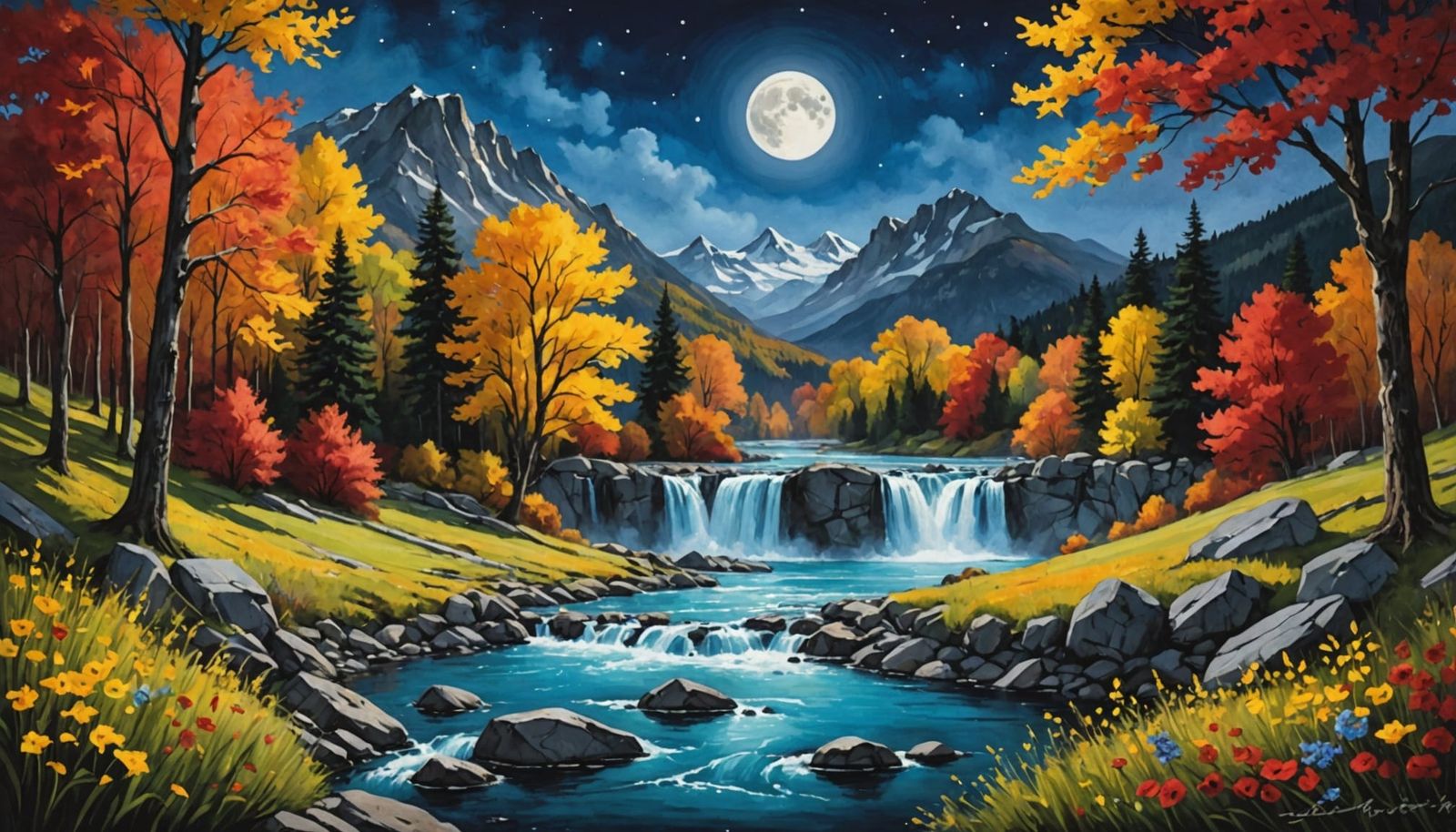 Oversized Autumn Night Landscape in Acrylic Watercolor