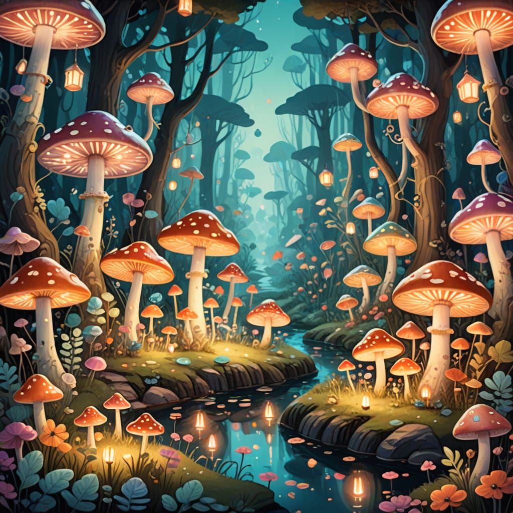 Magical Garden with Glowing Mushrooms Illustration