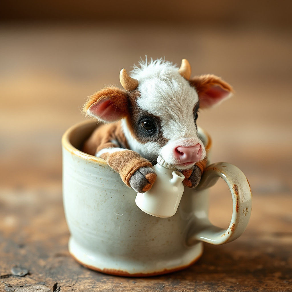 Adorable Fluffy Calf in Mug, Watercolor Illustration