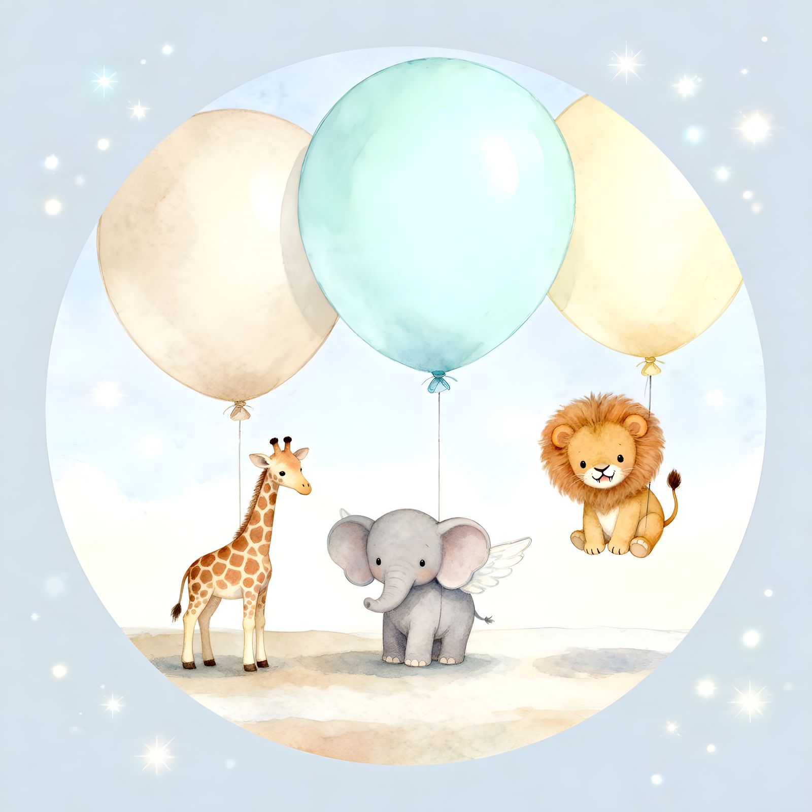 Dreamy Pastel Safari Animals Floating on Balloons