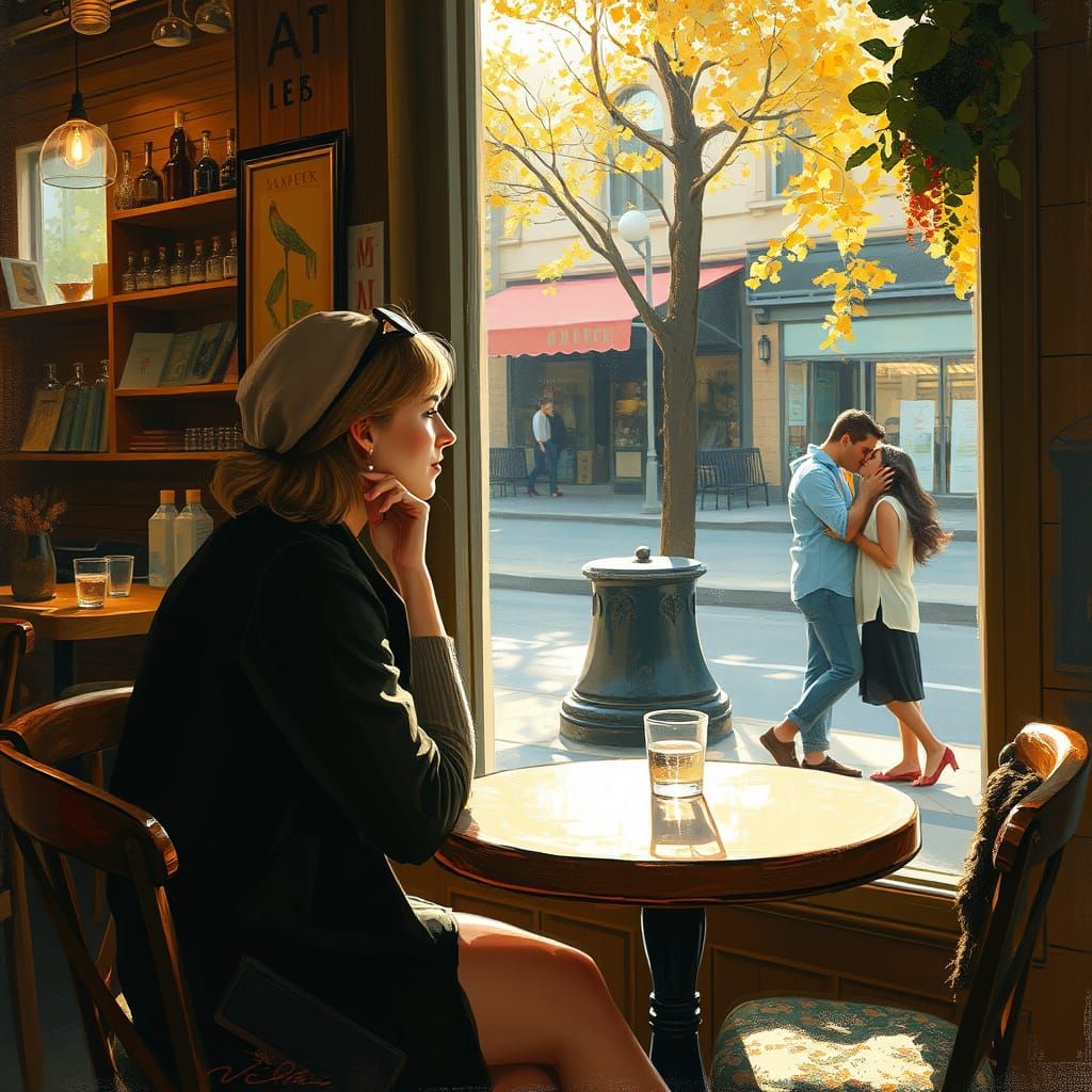 Woman Contemplates Love Scene in Cozy Cafe