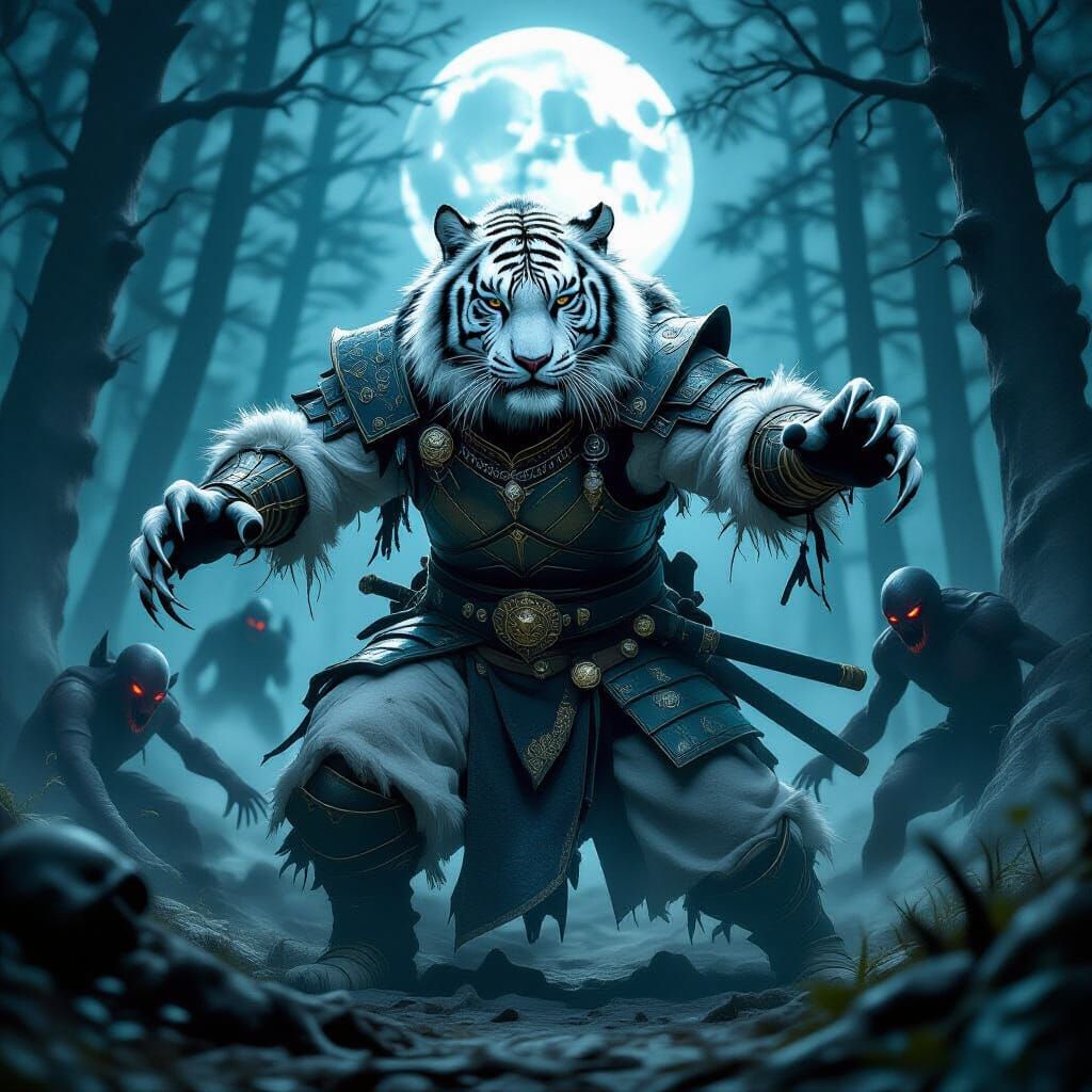 Armored Tiger Overpowers Demons in Gothic Forest