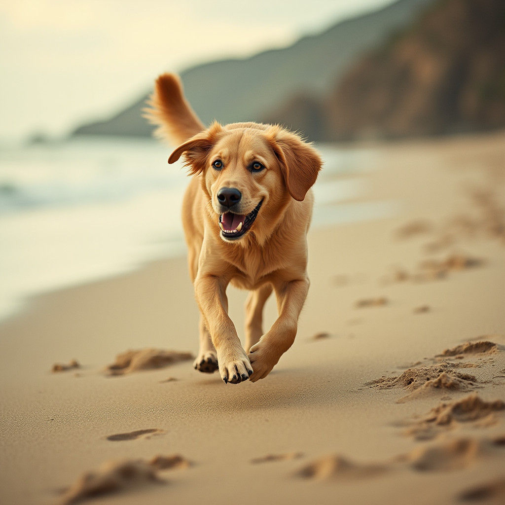 Labrador Retriever Running Freely on a Beach