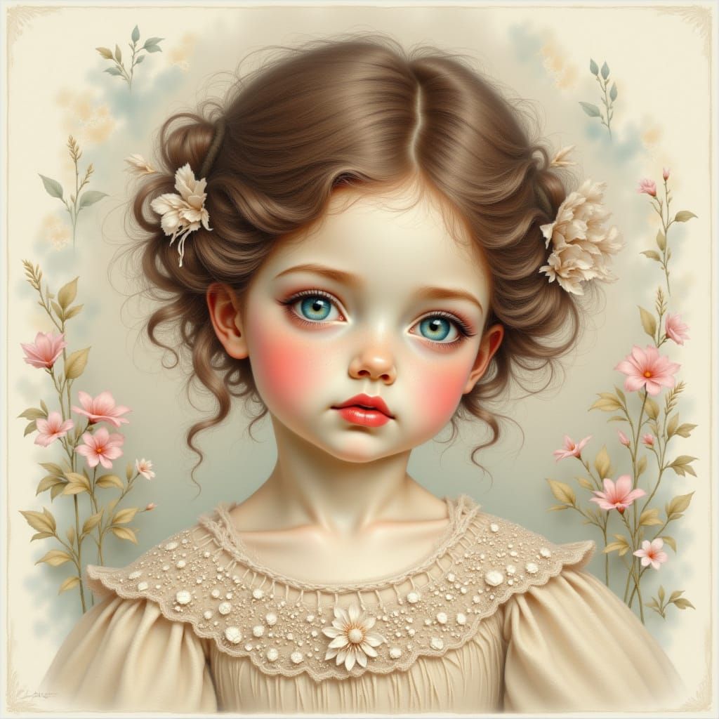 Victorian Toddler in Lace Dress, Ink Wash Style