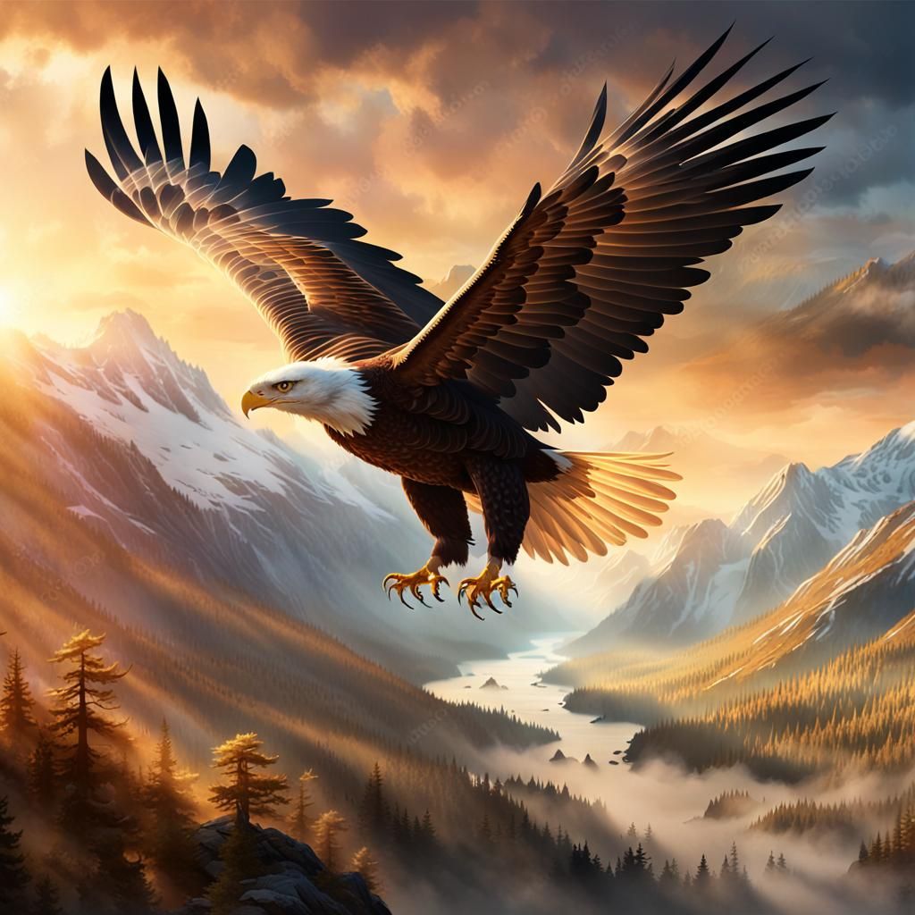 Eagle Soaring Through Misty Mountain Valley