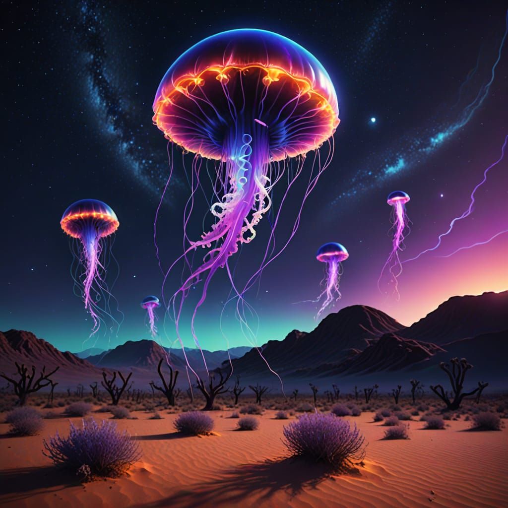 Ethereal Alien Jellyfish Ignites Desert Night Sky