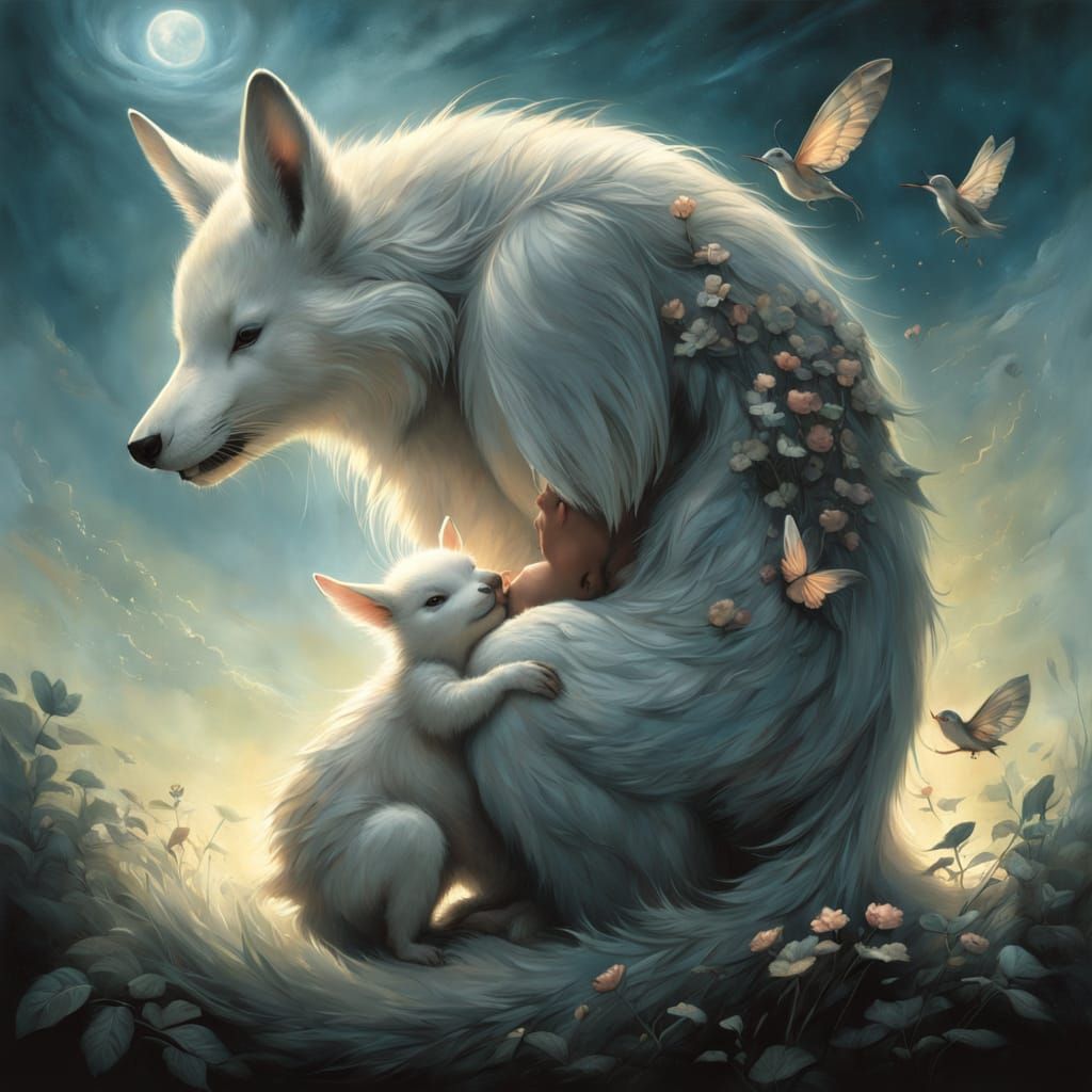 Mother and Child Embrace in Surreal, Vibrant Art