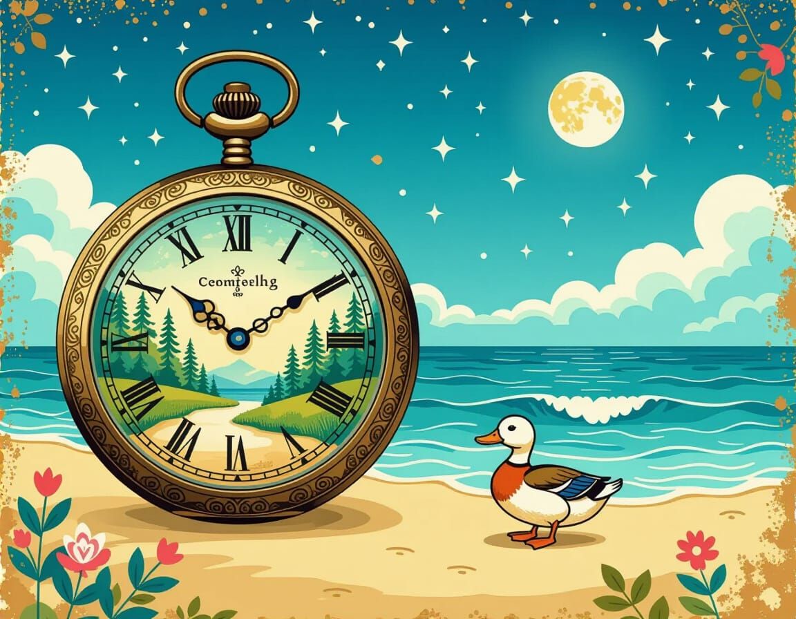 Whimsical Pocket Watch in Aquarelle Style