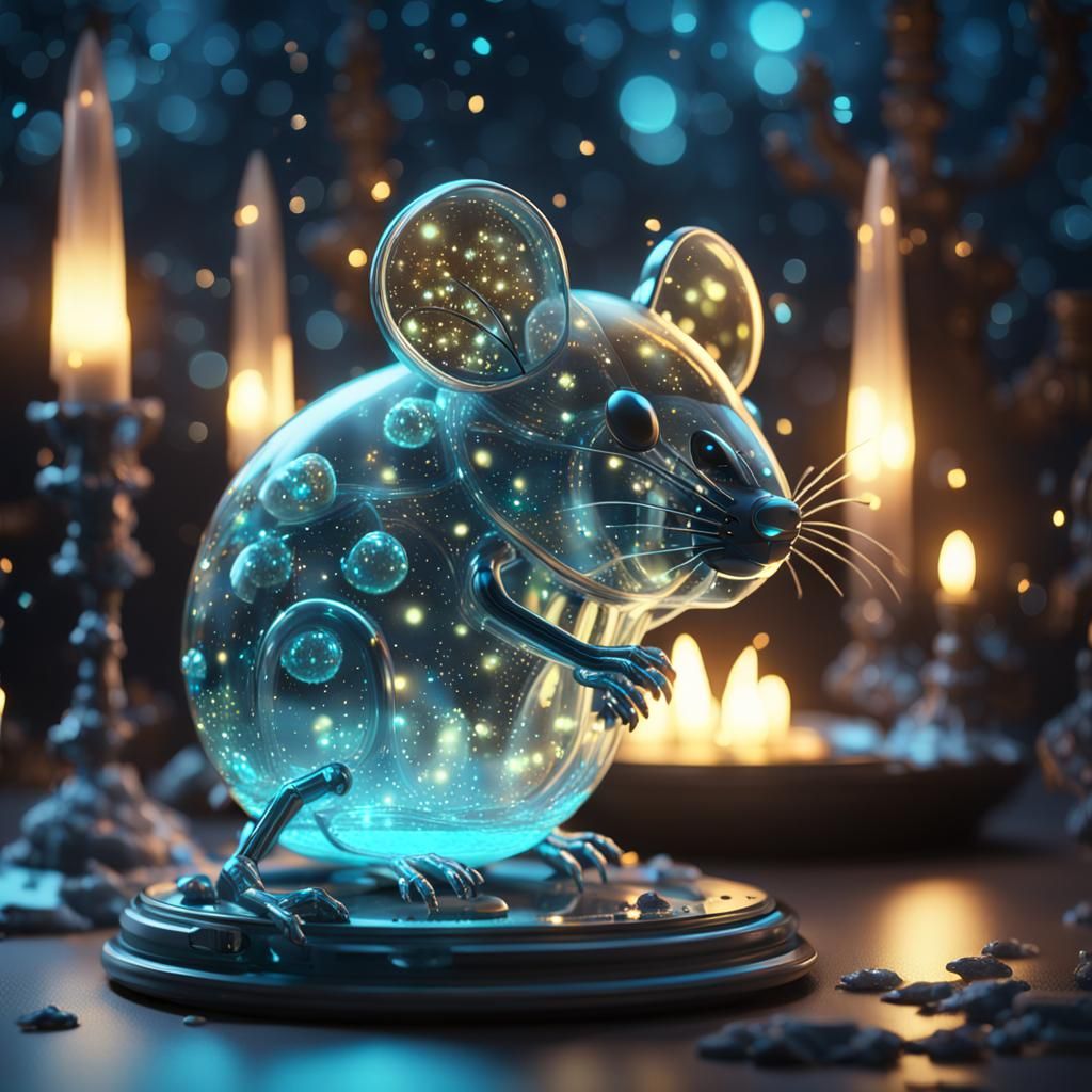Bioluminescent Glass Mouse with Candle in Sci-Fi Setting