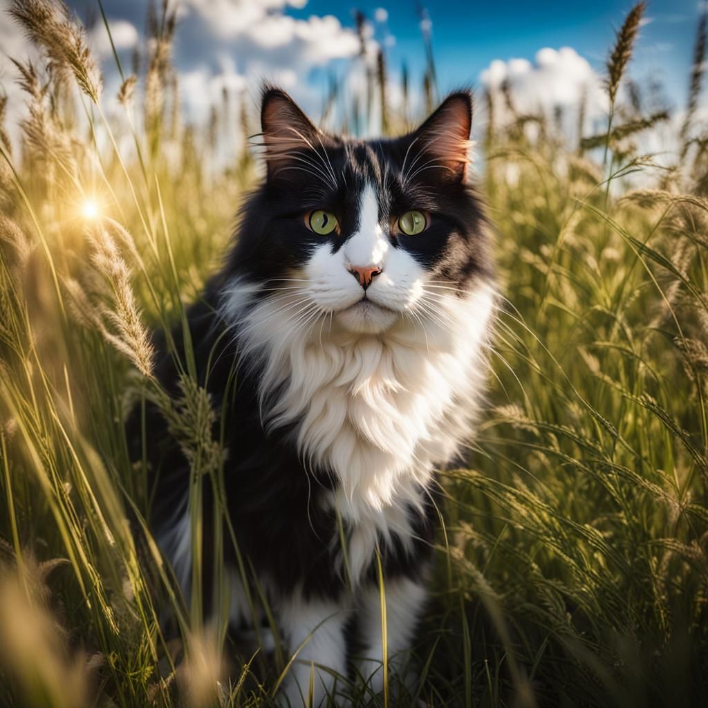 Fluffy Cat Exploring Meadow in Magical Sunlight