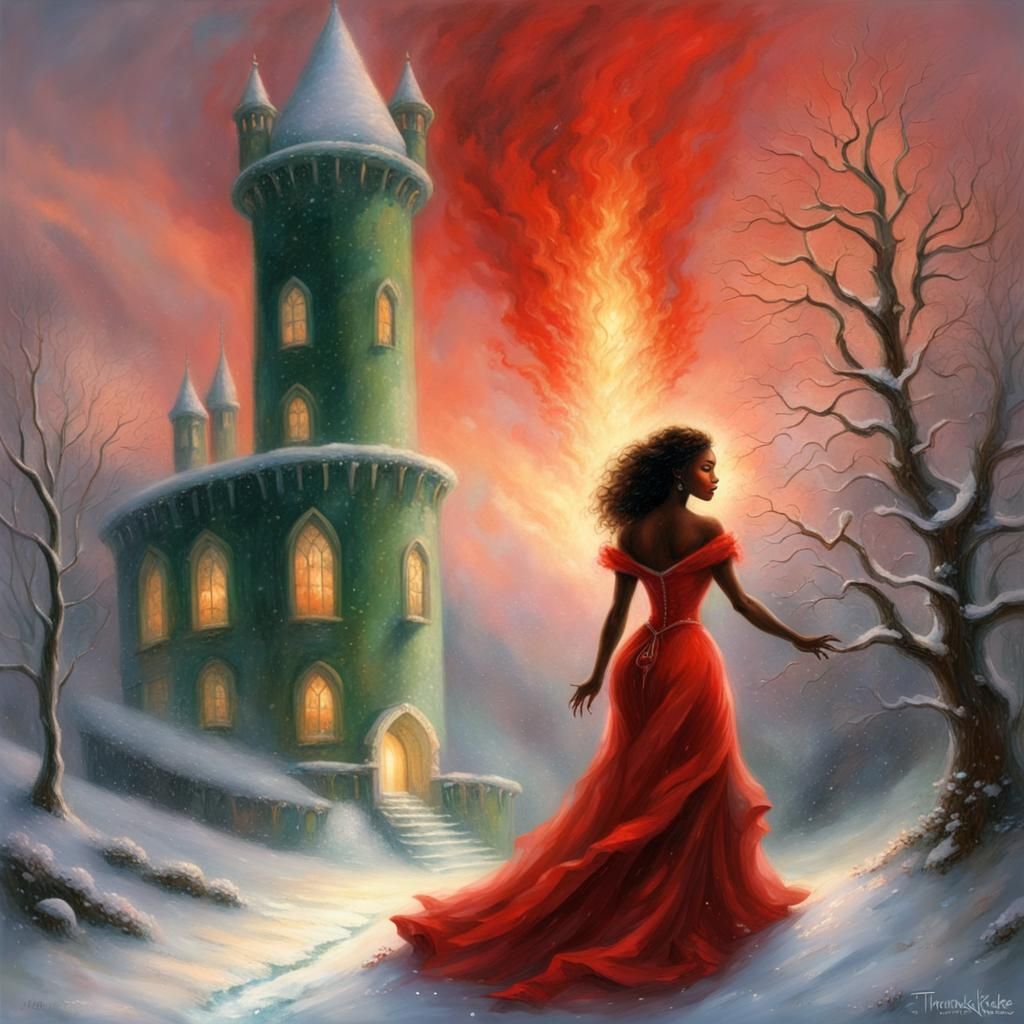 Fiery Woman in Snowy Tower: Ethereal Fantasy