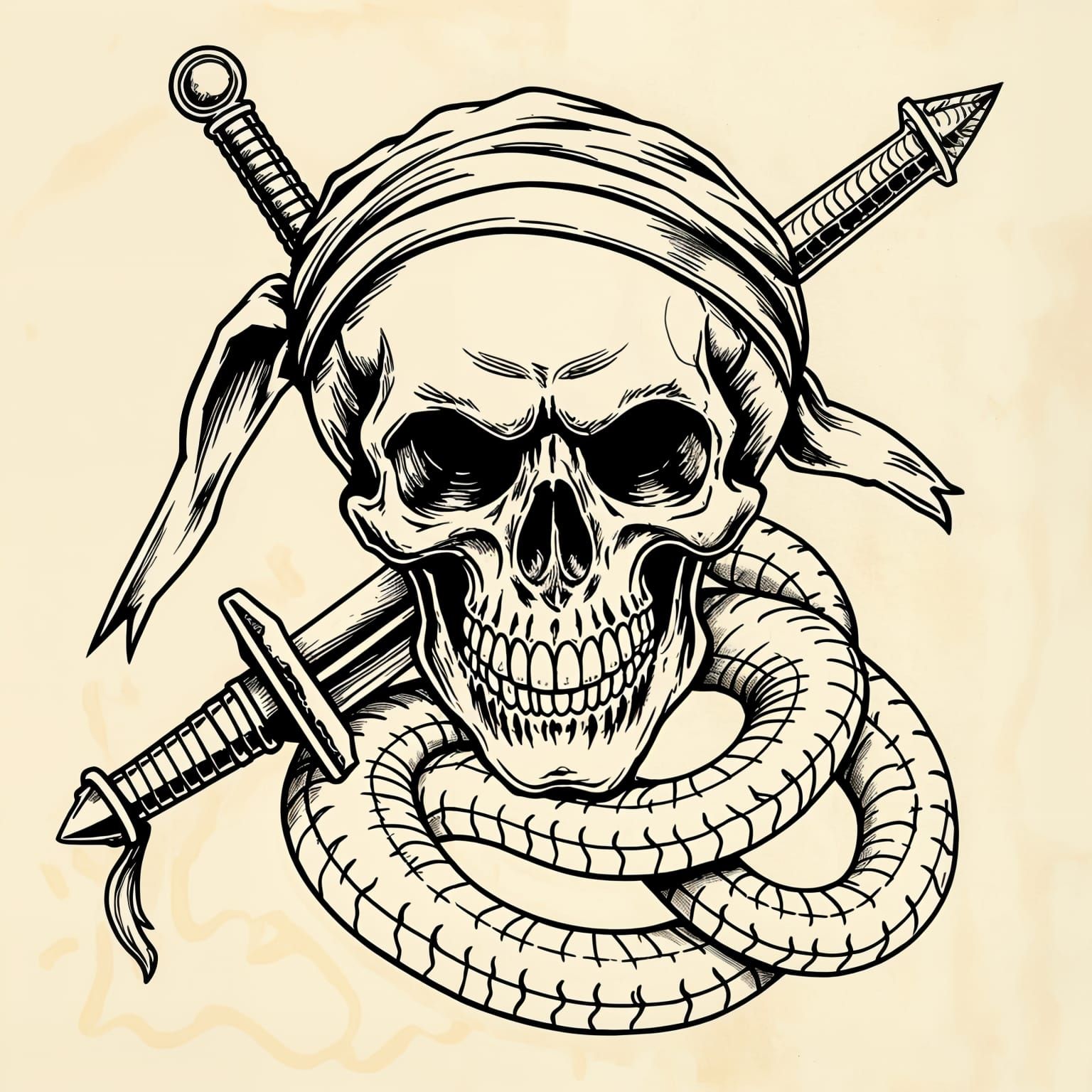 Skull and Sword Tattoo Design with Snake