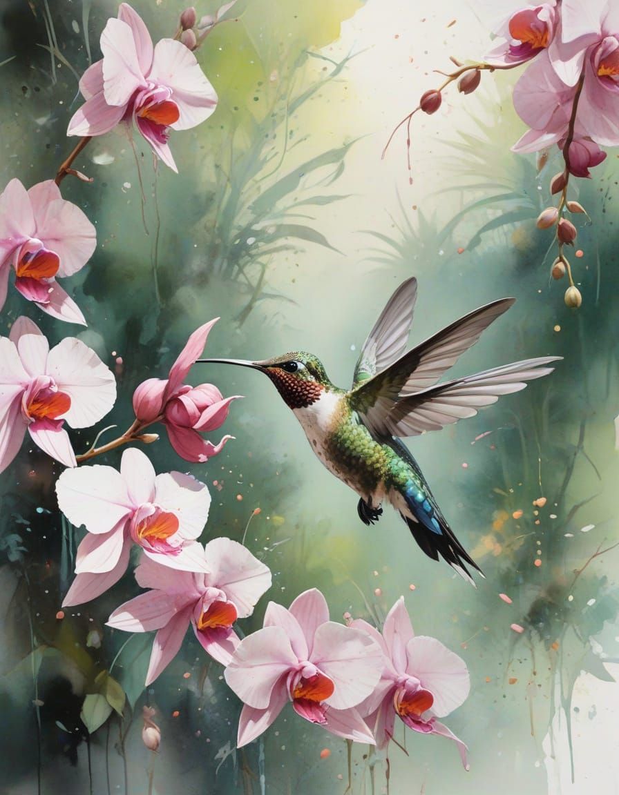 Hummingbird Among Orchids in Peach-Washed Grove