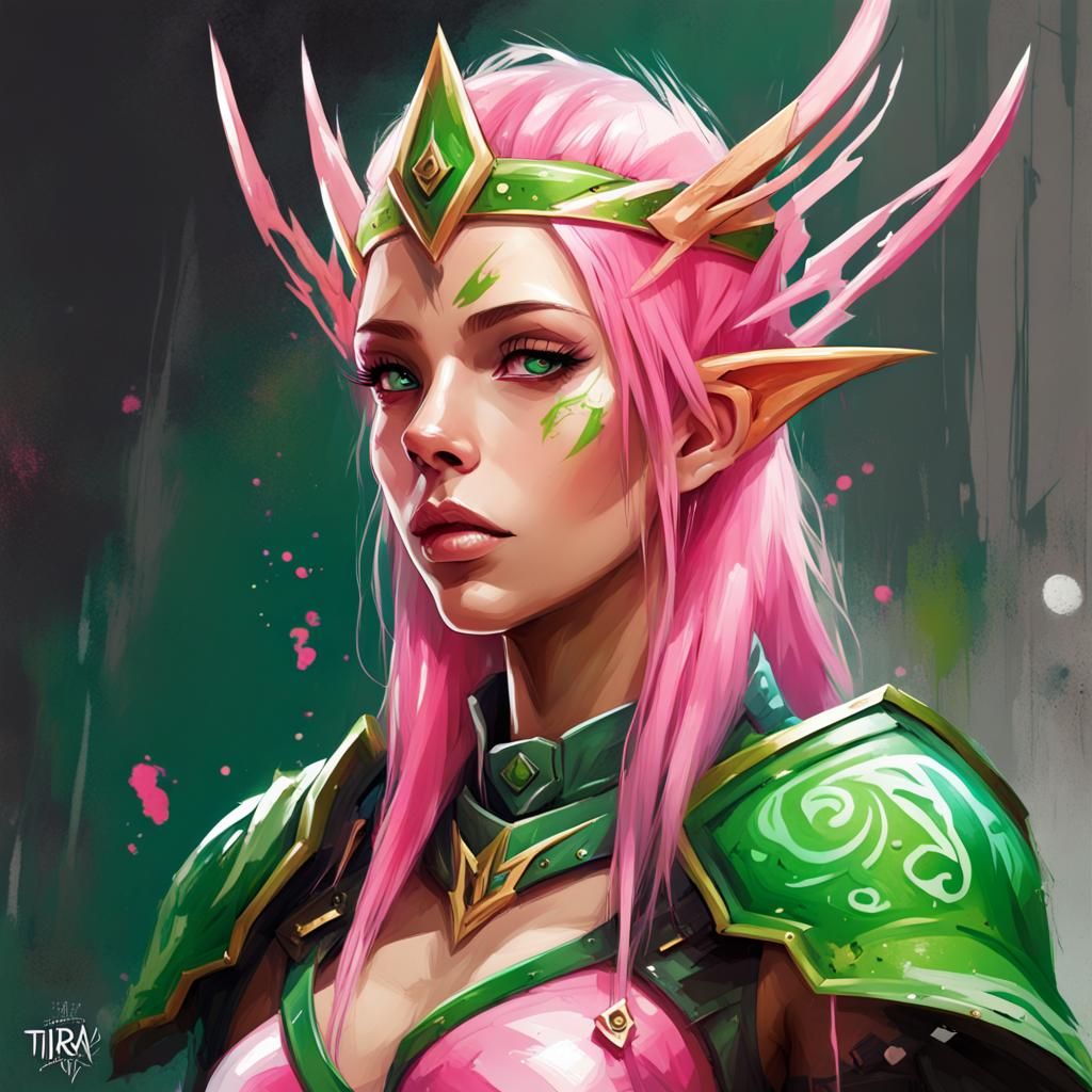High Elf with Pink Hair in Graffiti Art Style