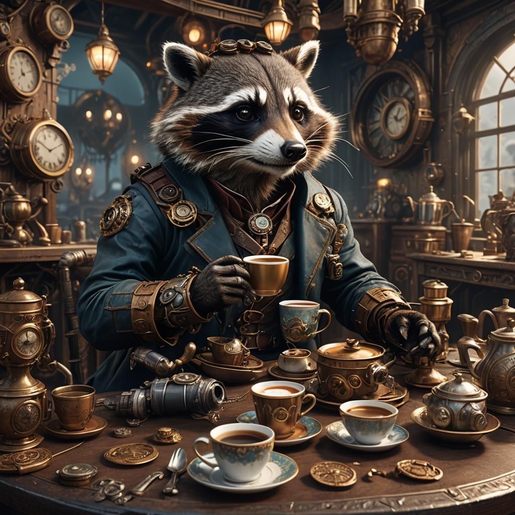 Steampunk Raccoon Coffee Drinker in Detailed Matte Painting