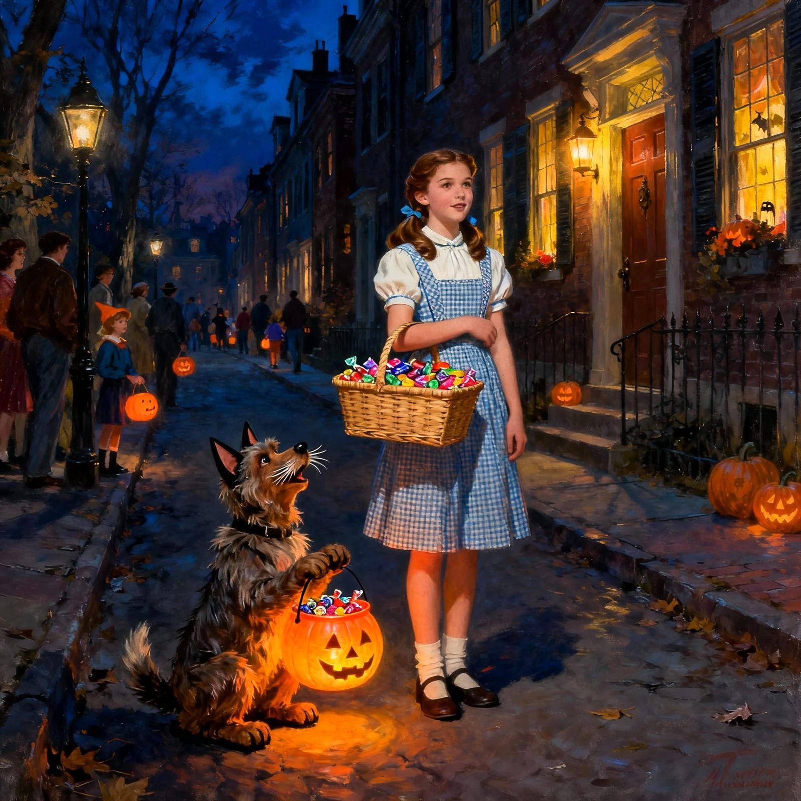 Dorothy and Toto Trick-or-Treating in Old Boston