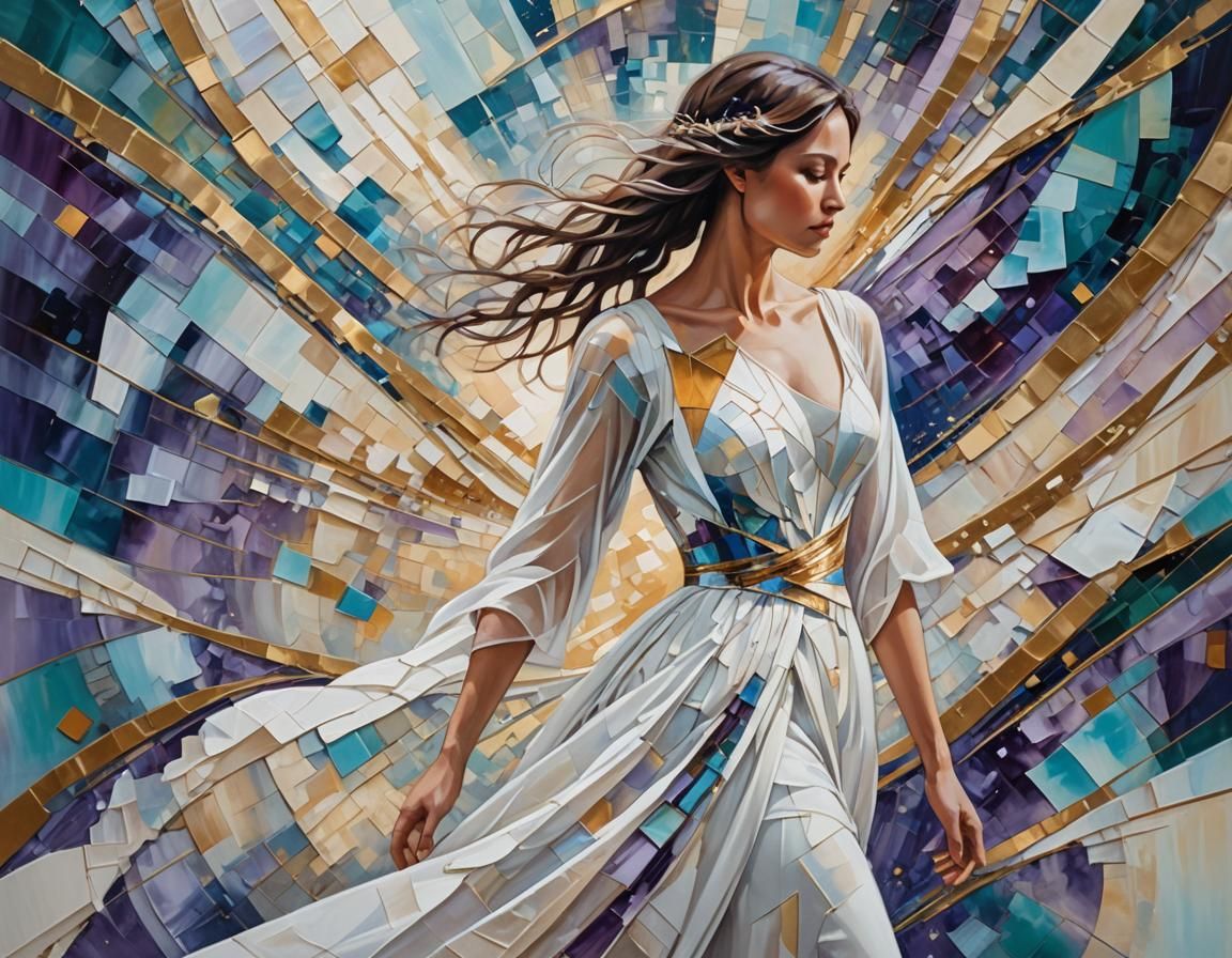 Woman Ascending a Cosmic Stairway as Mixed Media Oil Paintin...