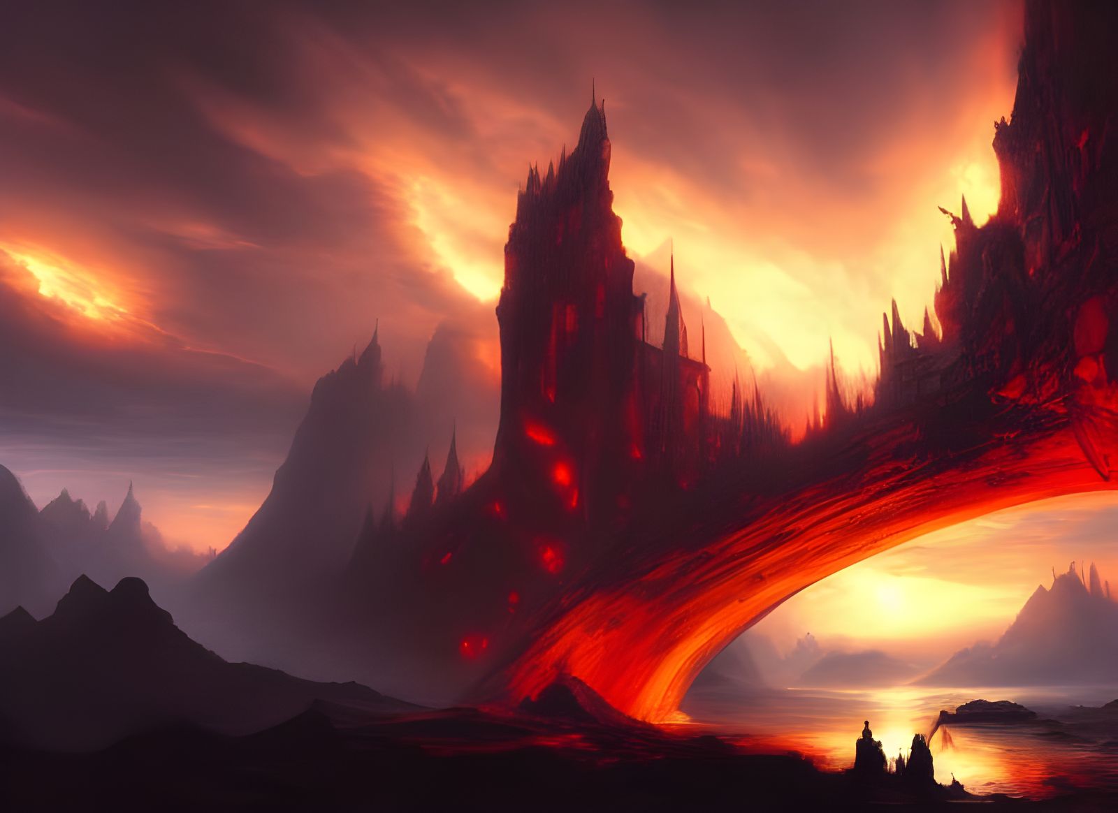 Fiery Sky Over Crumbling Bridge: Fantasy Landscape