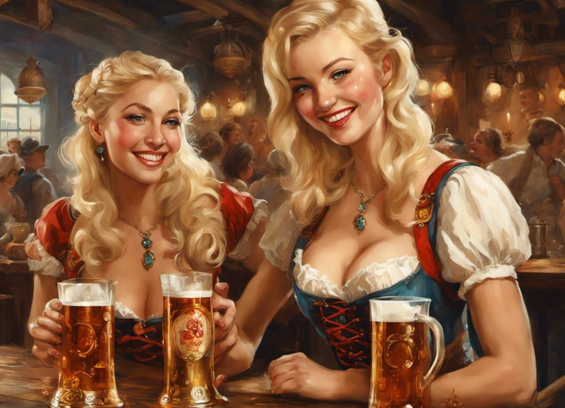 Smiling Bavarian Women in Tavern, Pin-Up Style