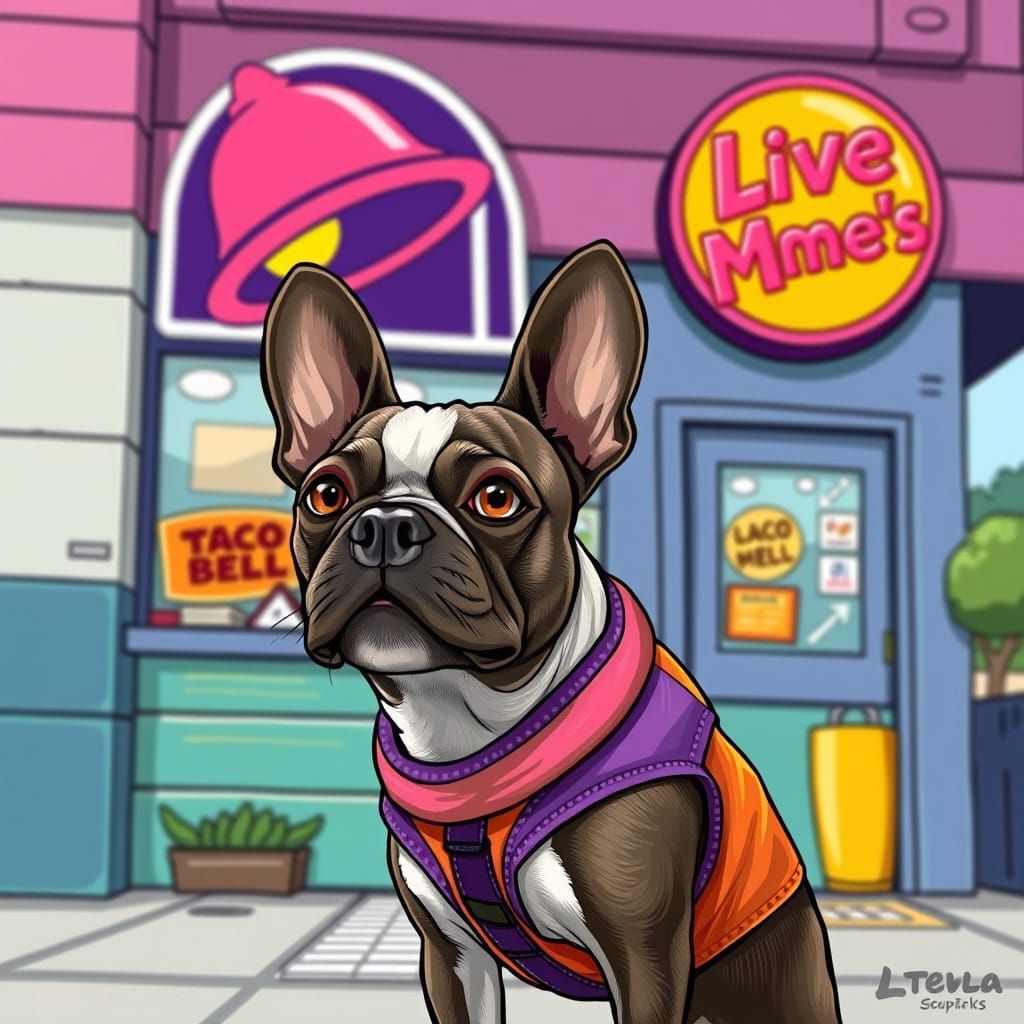 Vibrant Boston Terrier Admires Taco Bell Sign in Playful Car...