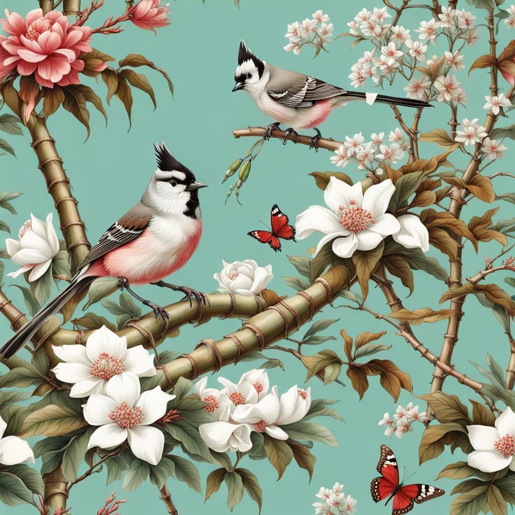 Chinoiserie Wallpaper with Gardenias and Titmouse