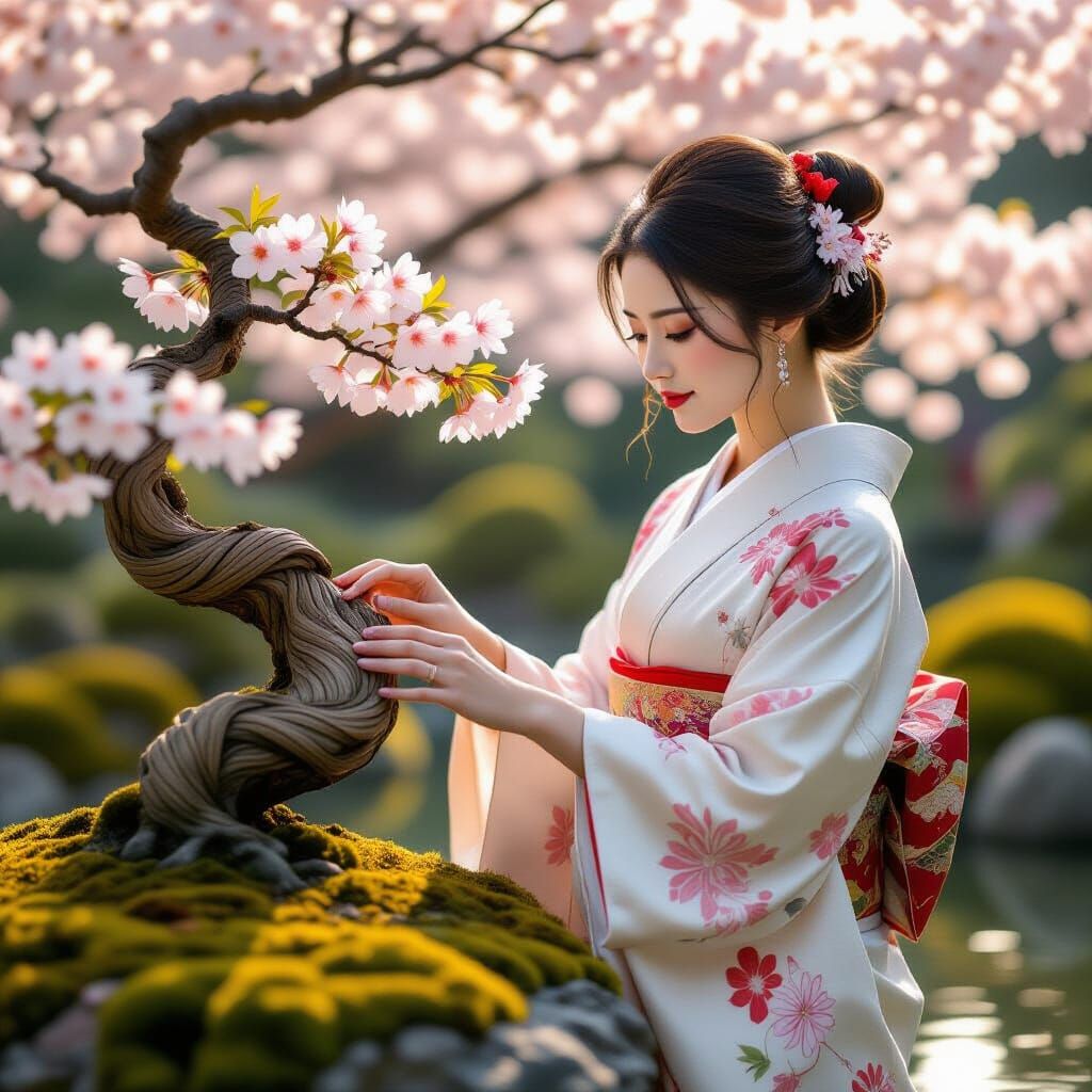 Elegant Woman Touches Flowering Bonsai in Japanese Garden
