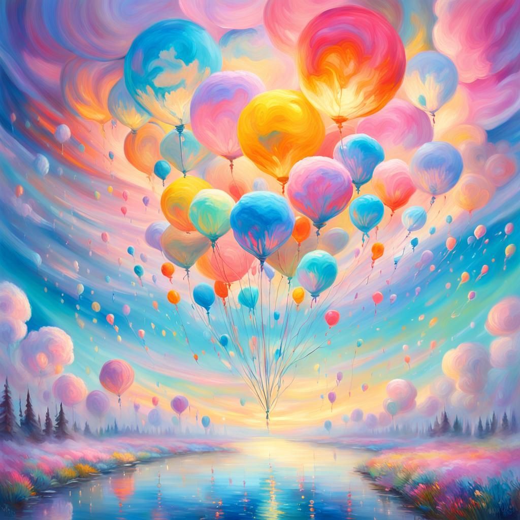 Fantastical Word in Cotton Candy Clouds, Impressionist Oil P...