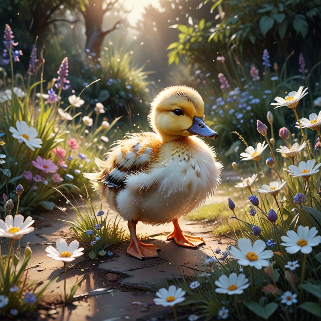 Whimsical Duckling in a Sunlit Garden