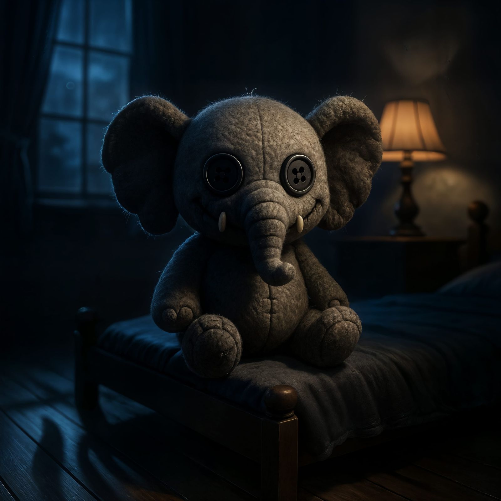 Sinister Stuffed Elephant Toy on Child's Bed