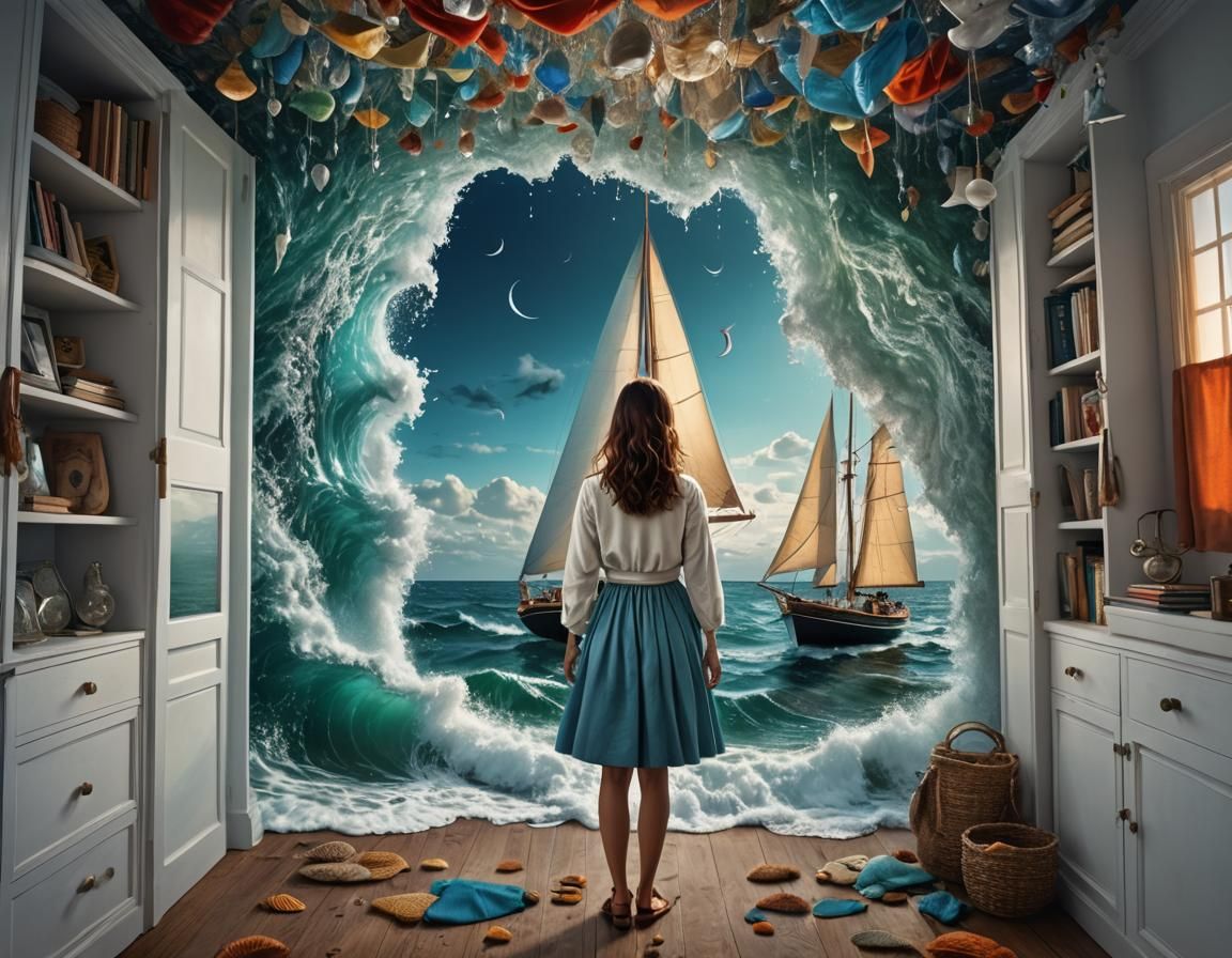 Sailboat Bursts from Closet: Surreal Fantasy Image