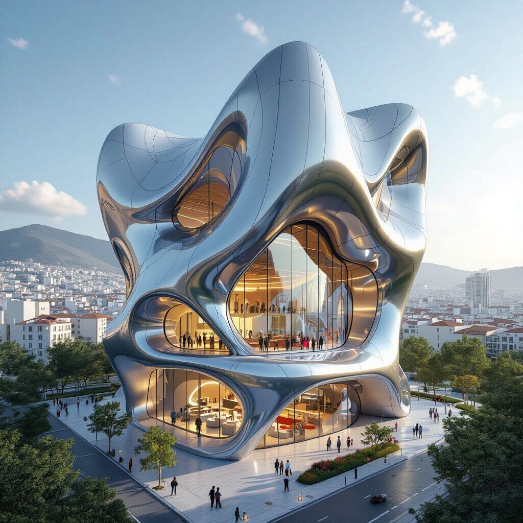 Futuristic Chrome Skyscraper in Sunny Cityscape