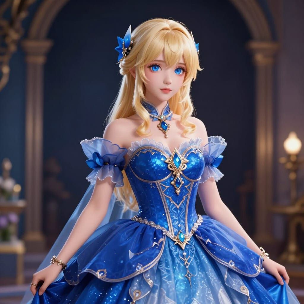 Beautiful Anime Girl in Sapphire Ballgown