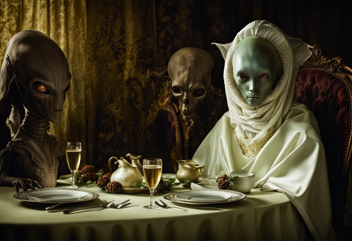 Surreal Alien Restaurant Celebration in Magical Realism