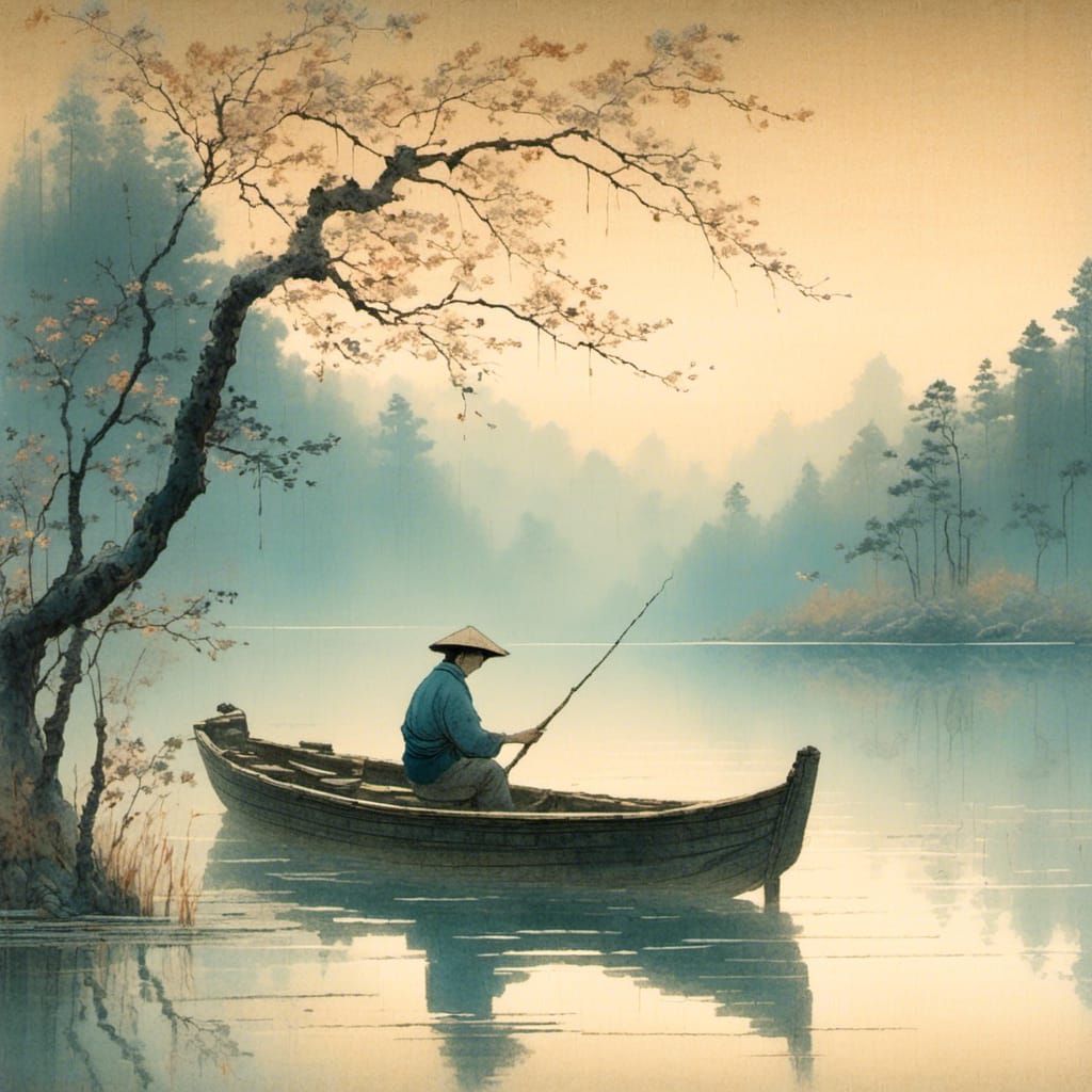 Fisherman on Serene Lake: Ukiyo-e Style Painting