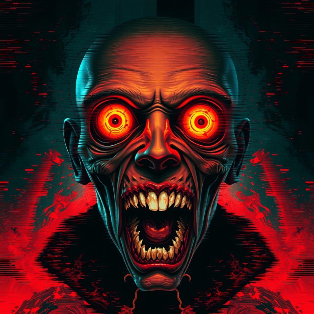 Glitch Art Portrait with Glowing Eyes