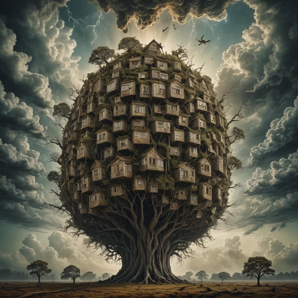 Moon Heart Forest Village: Surrealist Oil Painting