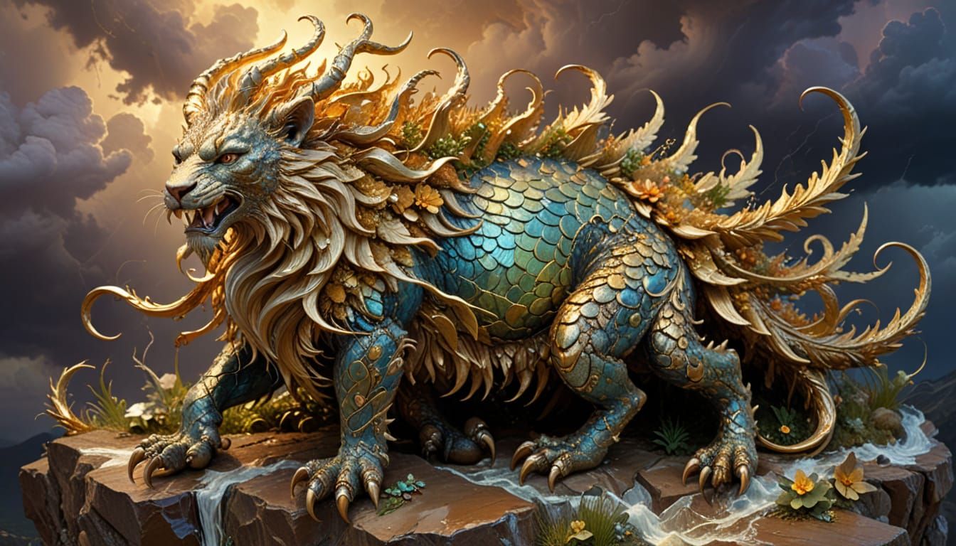 Kind Beast Protecting Village as Impasto Painting