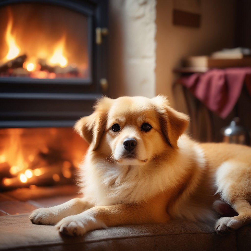 Whimsical Oil Painting of Cozy Dog by the Fire
