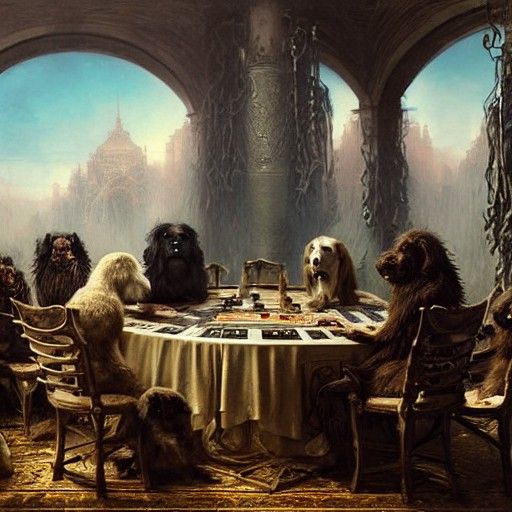 Dogs Play Poker: Detailed Maximalist Matte Painting