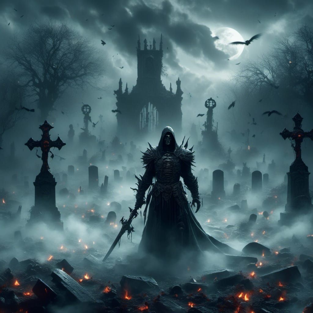 Grimdark Warrior in Misty Graveyard
