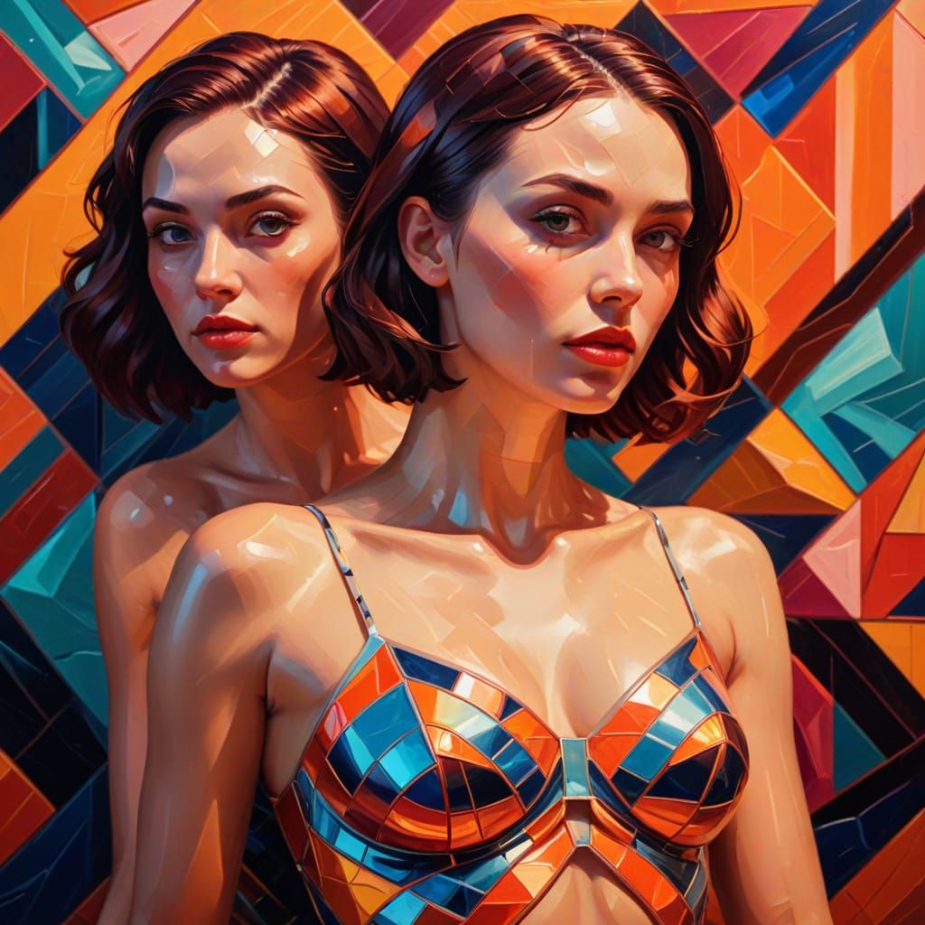 Surreal Sauna: Women in a Neo-Cubist Dream