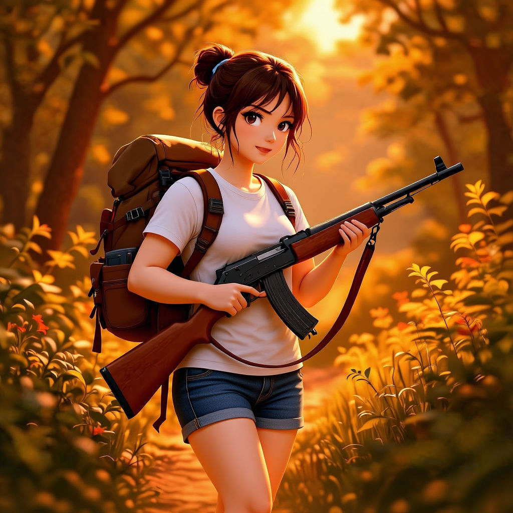 Anime Woman with Rifle in Forest, 3D Render