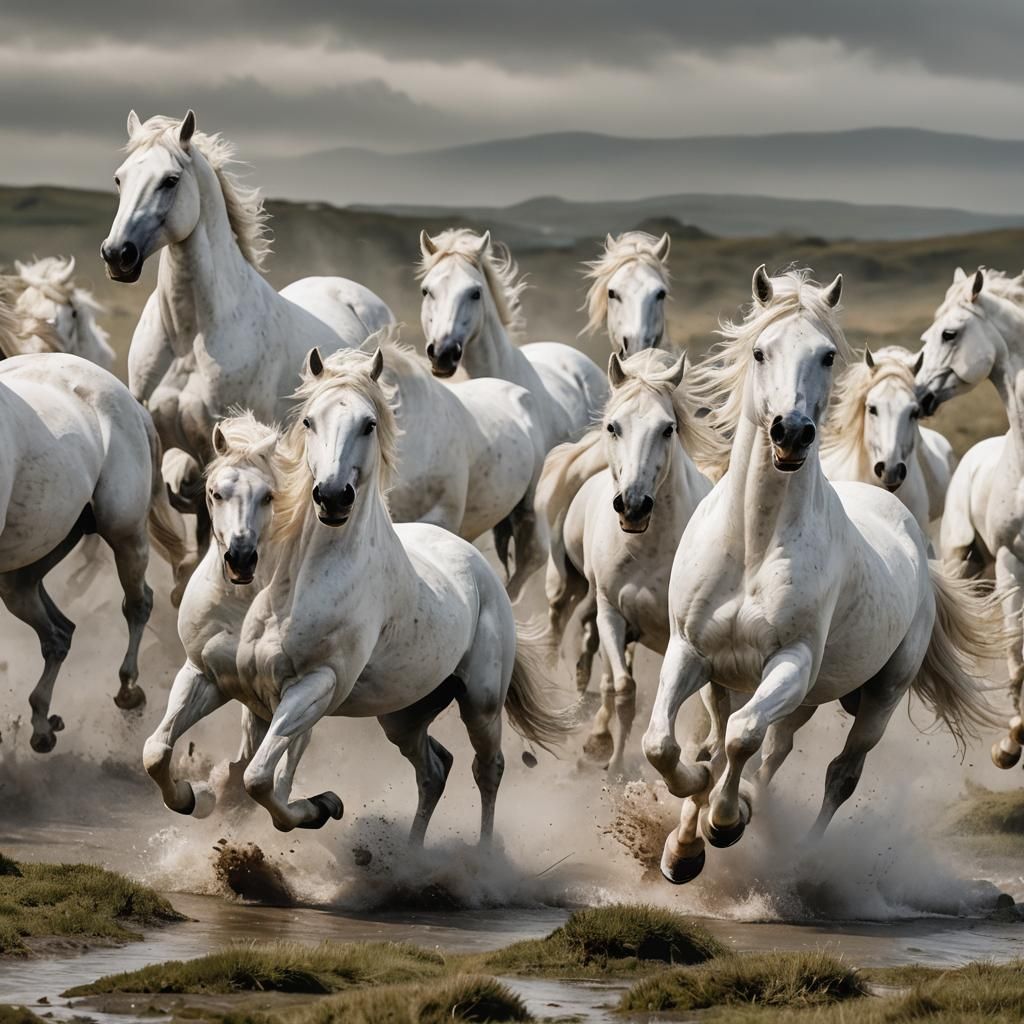White Horses Running Wild Across Open Plains
