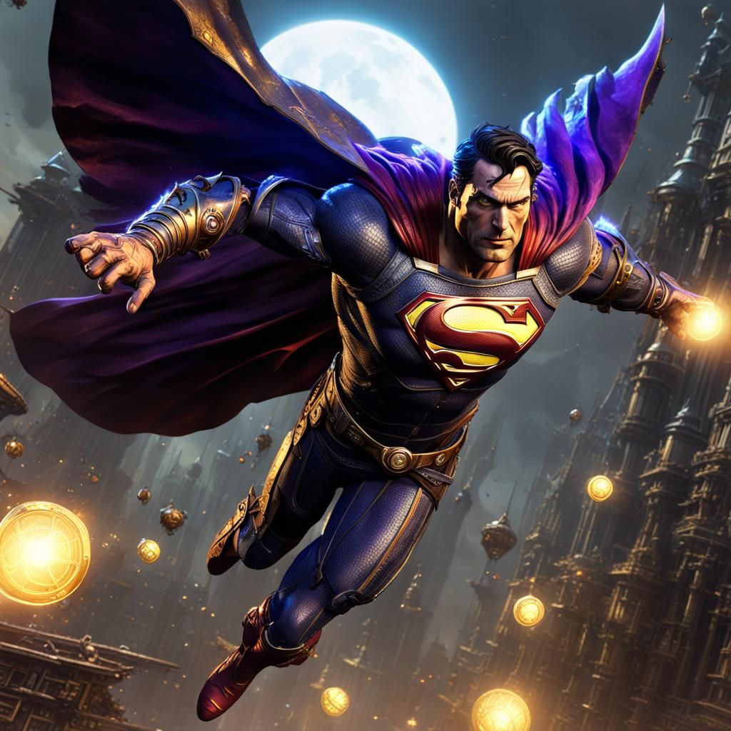 Steampunk Superman Soaring, Hyperdetailed Concept Art
