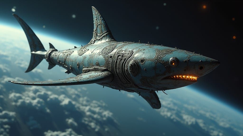 Steampunk Shark Spaceship Orbits Earth in Cinematic Style