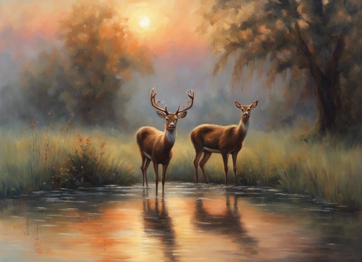 Deer at Dawn: An Impressionist Oil Painting